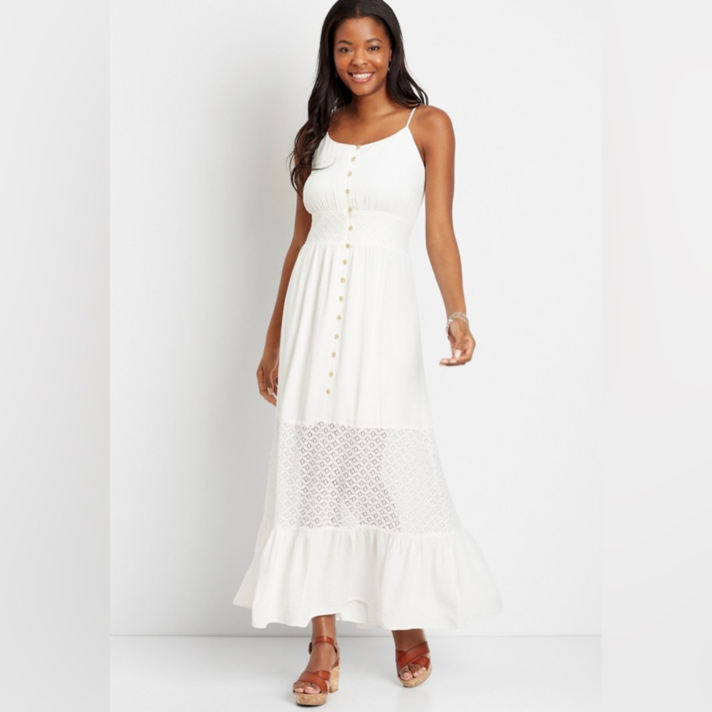 White Botton Front Lace Maxi Dress